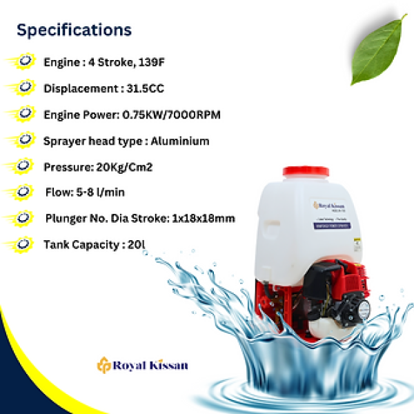 Royal Kissan 4-Stroke 139F Knapsack Power Sprayer – 31.5 cc Engine with 20 L Tank