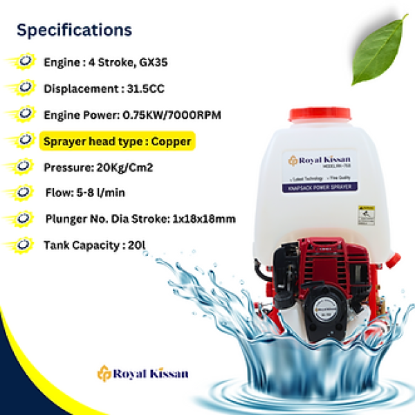 Royal Kissan Knapsack Power Sprayer – 4-Stroke GX35 Engine (7000 RPM) with 20 L Tank